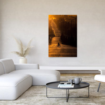 «Golden Hour Cyclist Peaceful Serene Abstract Sunrise Sunset», reproduction d'art
