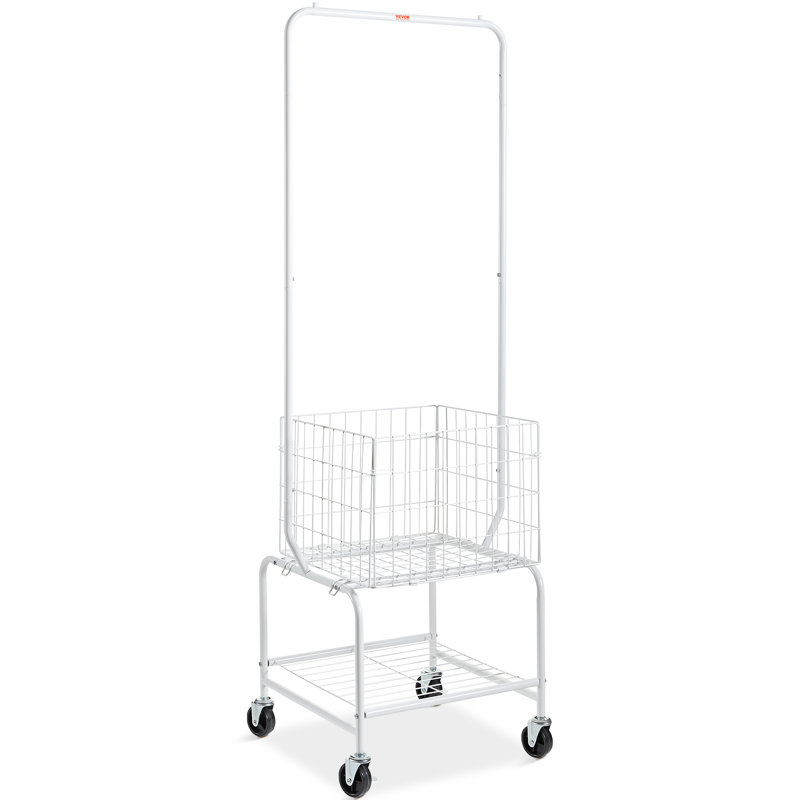 Metal Rolling Laundry Basket with Hanging Garment Rack, Height Adjustment Laundry Hamper Cart with Basket Load and Shelf Load, Storage Organizer with Heavy-Duty Lockable Wheels