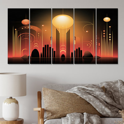 Art Nouveau Geometric Pink City Retrofuturistic - City Wall Art Living Room - 5 Equal Panels