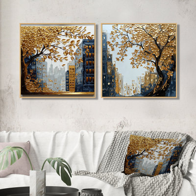 Arbre d'automne doré et bleu à Harlem I - Art mural New York City - Art mural industriel pour le salon 2 pièces