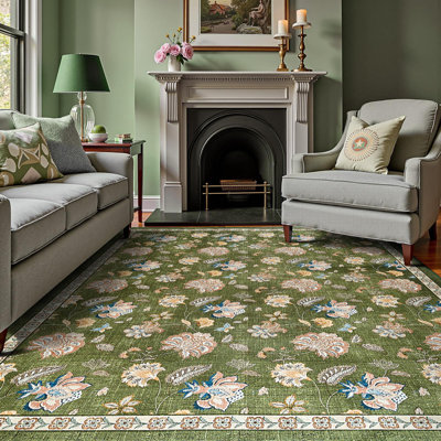 Chinoiserie Floral Rug Vintage Romance Design Washable Non-slip Carpet Green