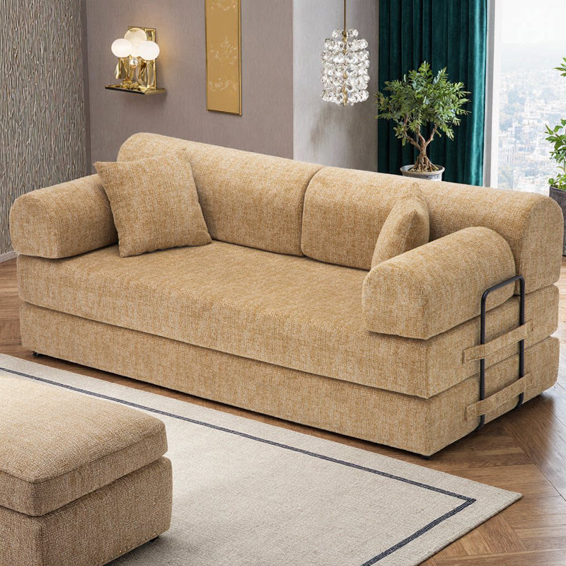 Canapé-lit convertible 4-en-1 avec matelas pliant et cadre fixe multifonctionnel, Ocre