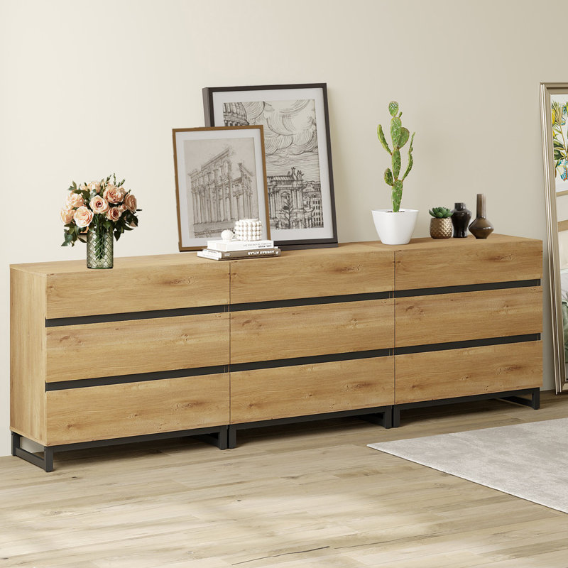 Aadam Modern Wooden Accent Cabinet with 9 Spacious Drawers, Metal Base, Oak