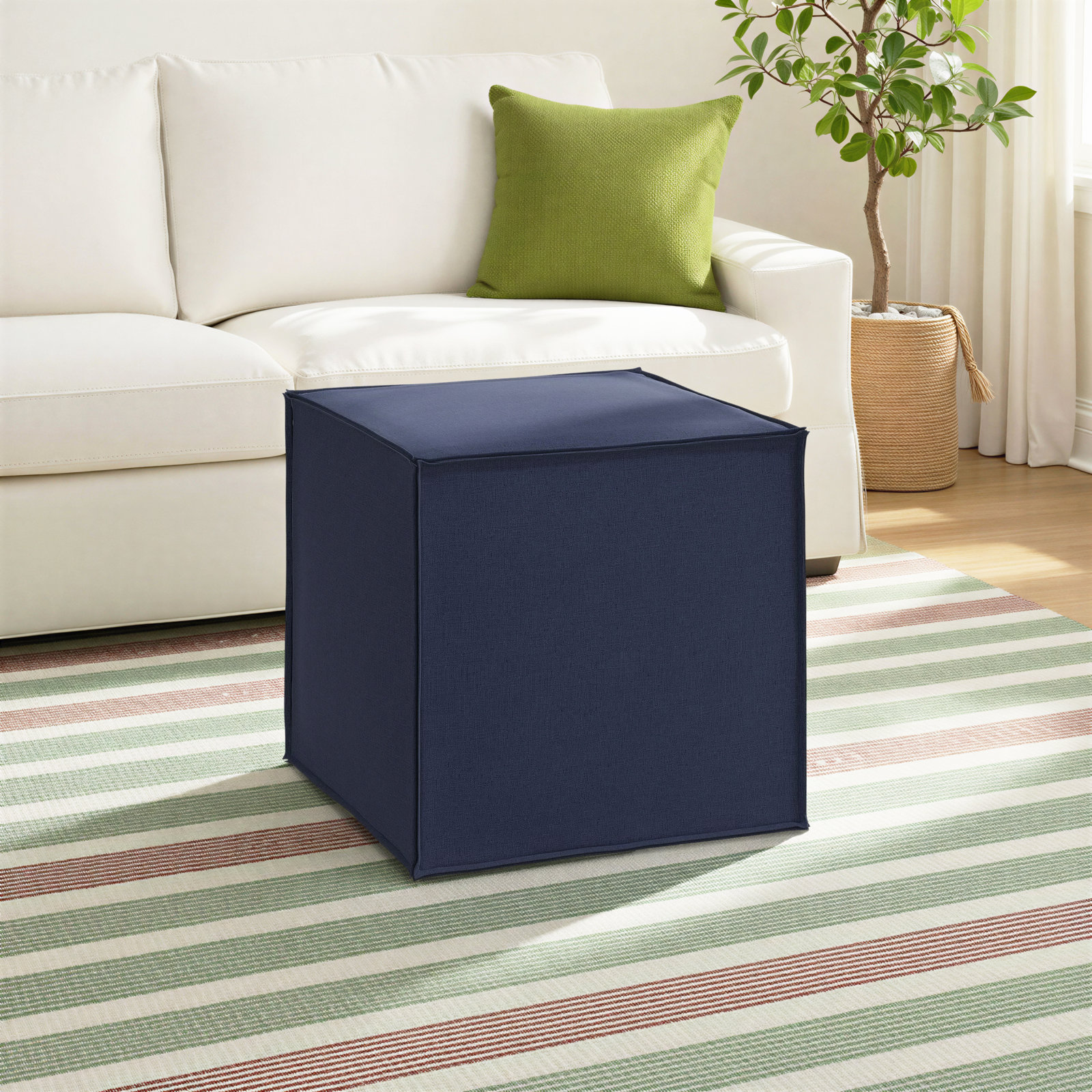 Tillie Upholstered Pouf, Classic Navy Linen
