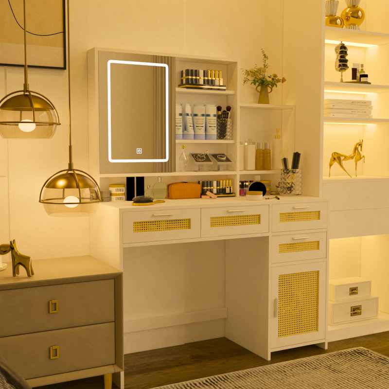 Vanity Desk With 3 Color Illumination & Storage, 4 Drawers, 1 Cabinet, For Bedroom Use Furniture Lights Openable Mirror, , Fashionable Style