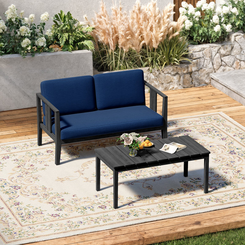 Polett Teak Outdoor Two-person Patio Set With Cushions And Coffee Table, Navy, Black