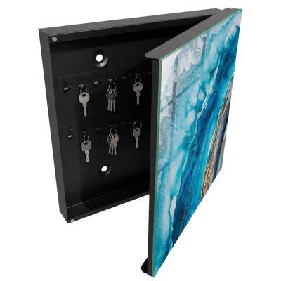 Key box, Opens to the left, 30x30x5, Black, Turquoise waves with white accents, 
