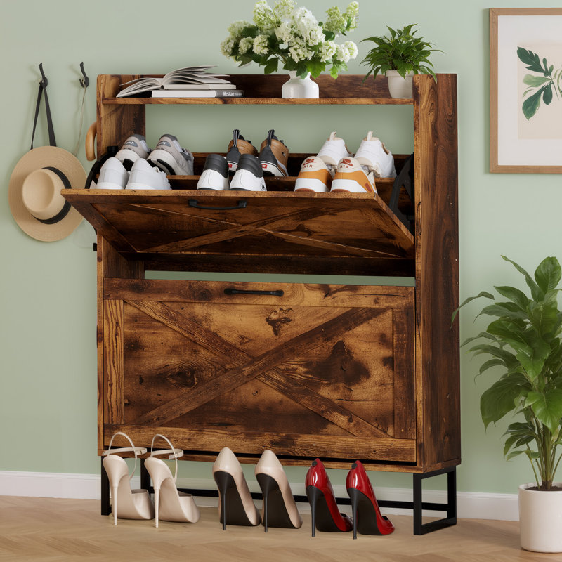 Shoe Storage Cabinet For Entryway With 2 Flip Drawers, Brown