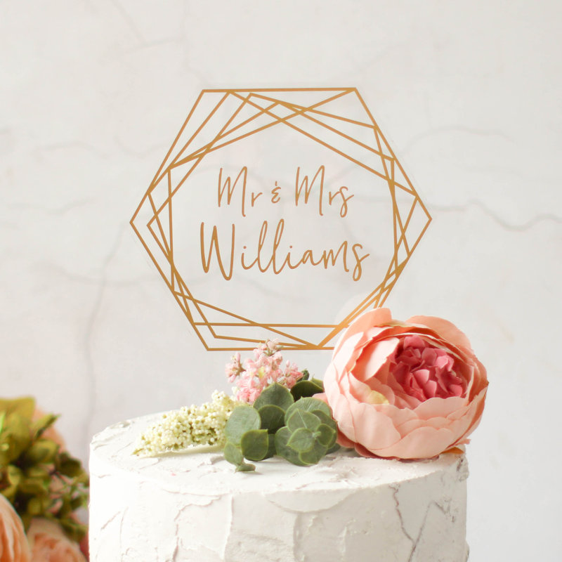 Personalised Gold Wedding Cake Topper Hexagon Shaped, Yes