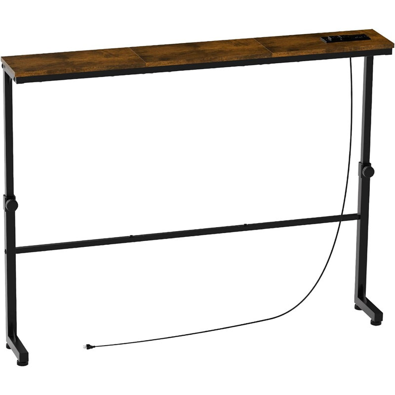 Adjustable Height Narrow Console Table with Power Outlets, Slim Sofa Table, Rustic Brown