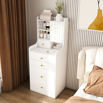 31 coiffeuses avec bande à DEL à intensité variable, tabouret de rangement rembourré et 4 tiroirs ouverts - Bois blanc pour meuble-lavabo 3 lumières personnalisables, chambre à coucher avec armoire rembourrée et soins de la peau