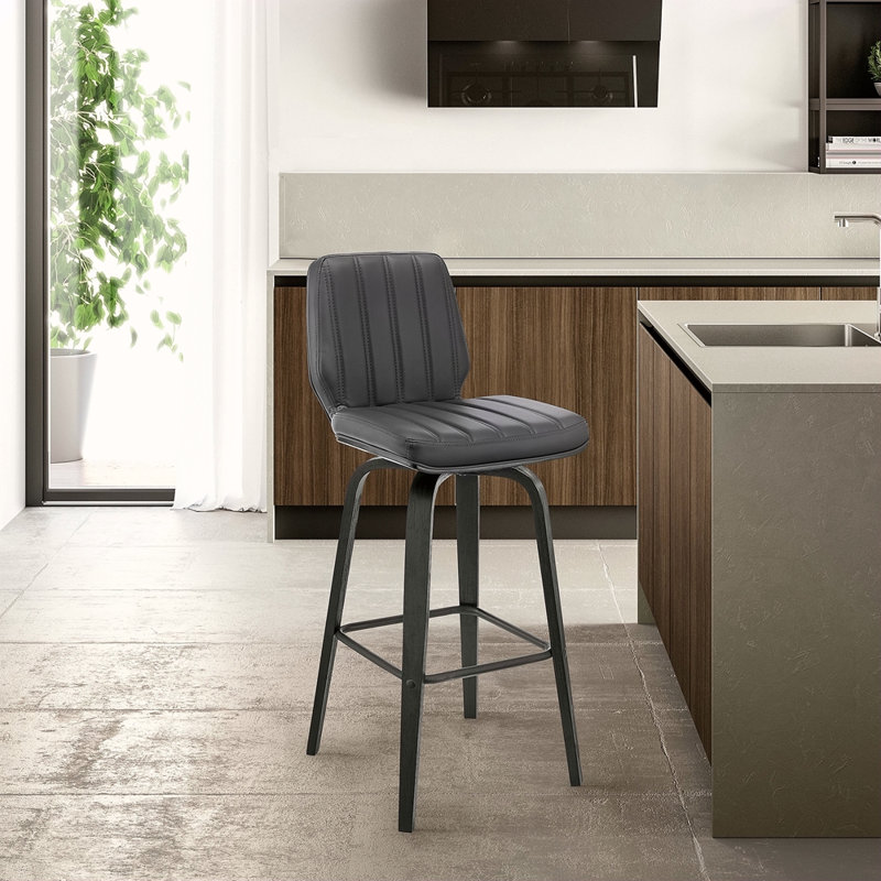 Tabouret de bar pivotant en similicuir gris et bois noir