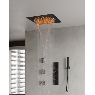 Système de douche à pluie à fixation au plafond 20 po avec musique Bluetooth, douchette et valve thermostatique