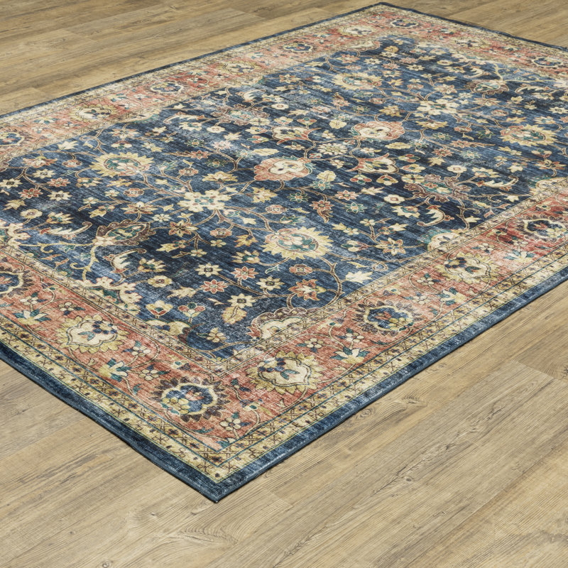 Jacqueli Vintage Bordered Traditional Blue/ Rust Washable Area Rug Mat, Rectangle 2' x 3'