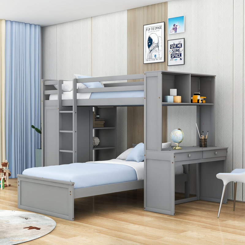Gulshad Kids Twin Over Twin Bunk Bed with Drawers, Gray