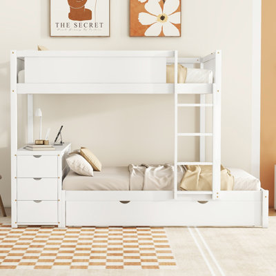 Lit simple superposé simple avec lit gigogne simple, rangement et bureau, blanc