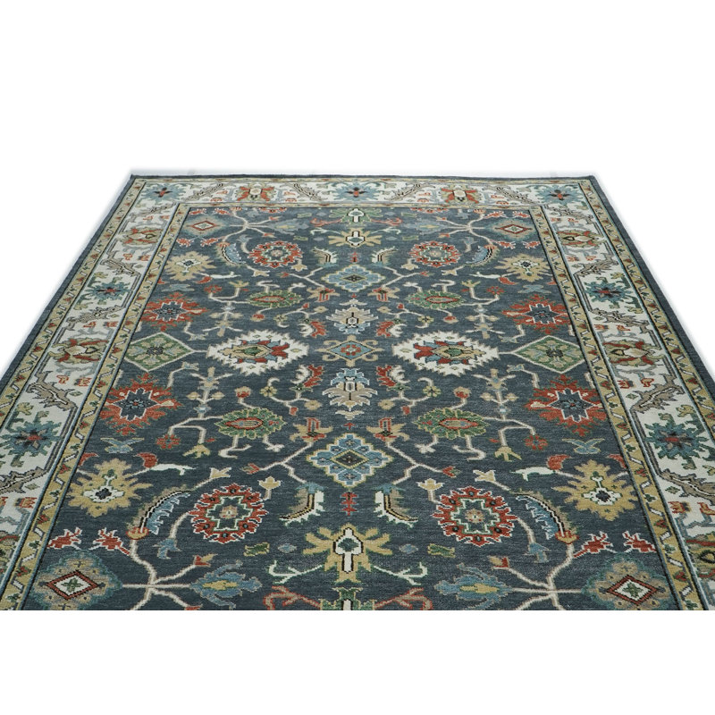 Tapis Oushak bleu foncé en laine noué à la main 10 pi 3 po x 14 po
