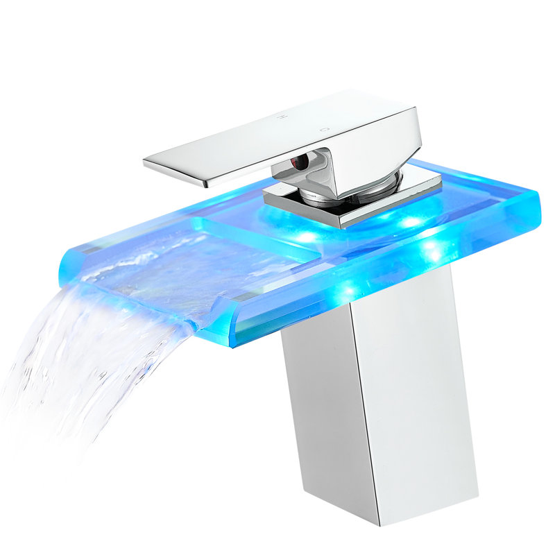Robinet de lavabo de salle de bain à DEL: bec cascade, changement de 3 couleurs, fixation sur le comptoir, trou unique, robinet d'eau chaude et froide avec DEL: cascade à changement de couleur et mélange