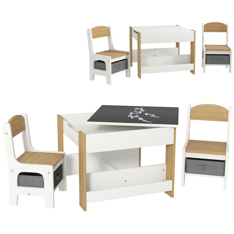 Qaba 3 Piece Kids Table And Chair Set, 2 In 1 Toddler Table And Chair Set With Reversible Tabletop, Blackboard, Storage, Bookshelves, For Playroom, Nursery, Classroom