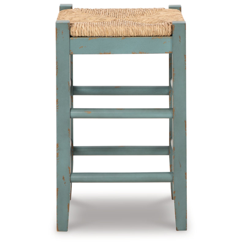Teal Wood Backless Counter Stool with Woven Seat