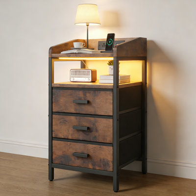Tables de chevet avec station de charge, table de bout moderne Mid-Century, table de chevet, brun rustique