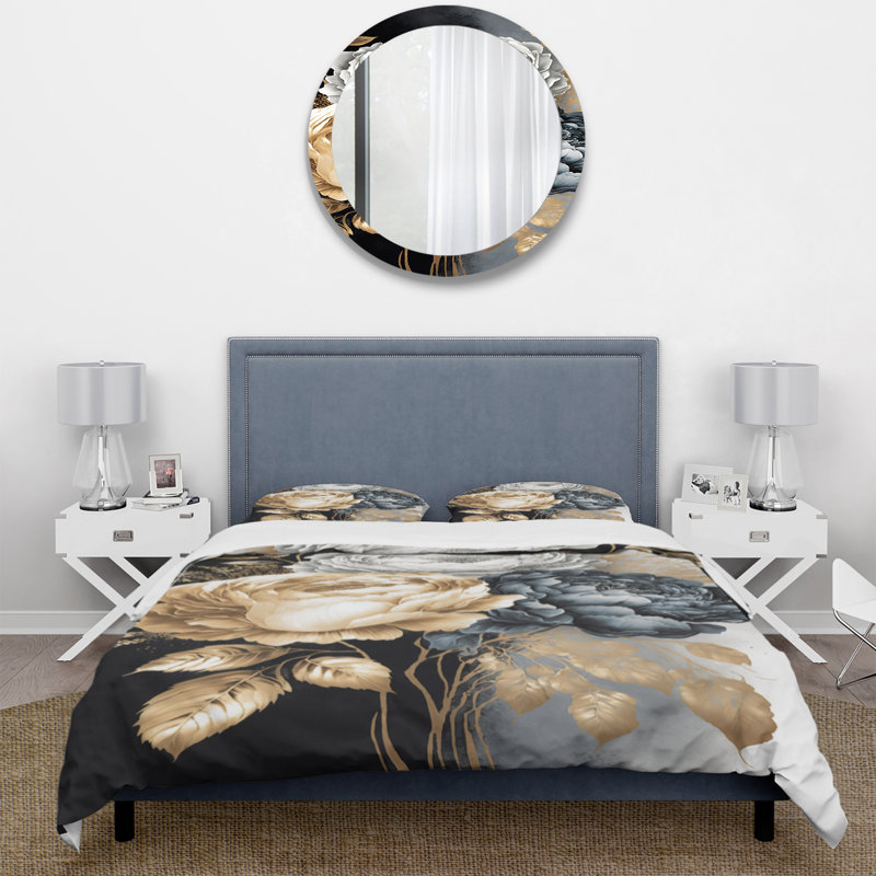 Ensemble de housse de couette floral rose, blanc, doré et noir I - rose, Housse de couette pour grand lit et 2 taies décor