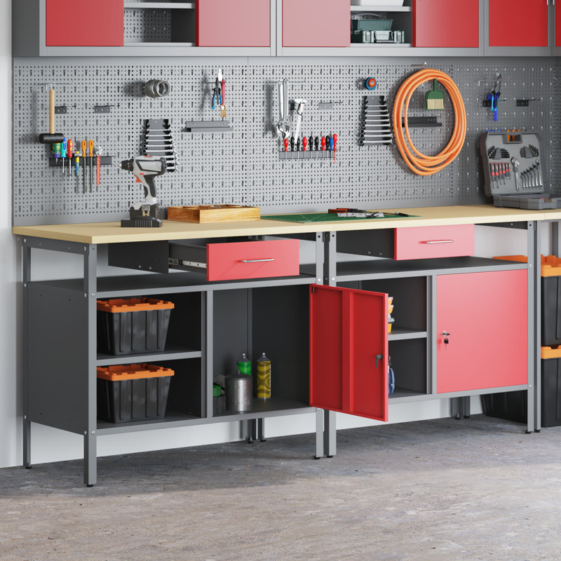 Work Bench Set Height Adjustable with Shelf Powder-Coated Steel, Red