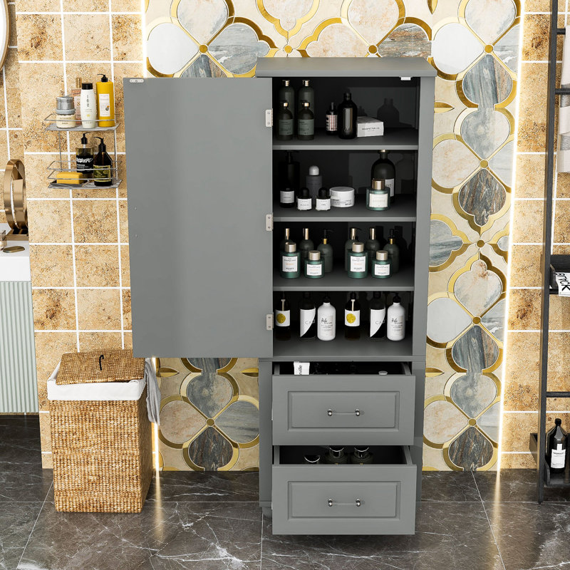 Freestanding 2 Drawers Tall Bathroom Storage Cabinet with Adjustable Shelves, Gray