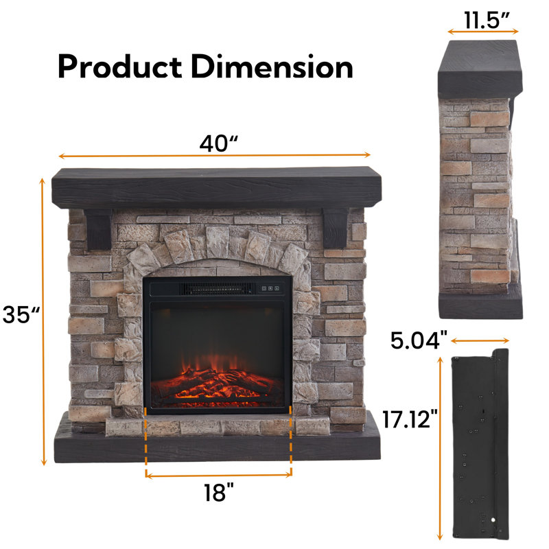40'’ Electric Fireplace With Faux Stone Mantle, Tan, 35" H x 40" W x 11.5" D