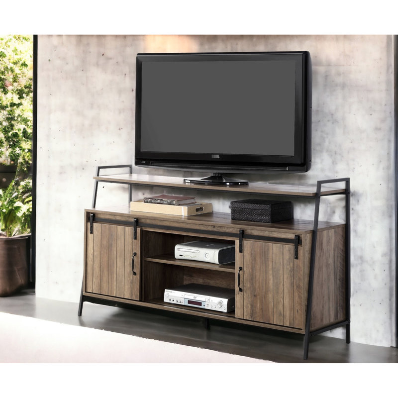Meuble télé rustique avec porte de grange coulissante en chêne et noir, convient aux meubles de style industriel moderne de 58 pouces