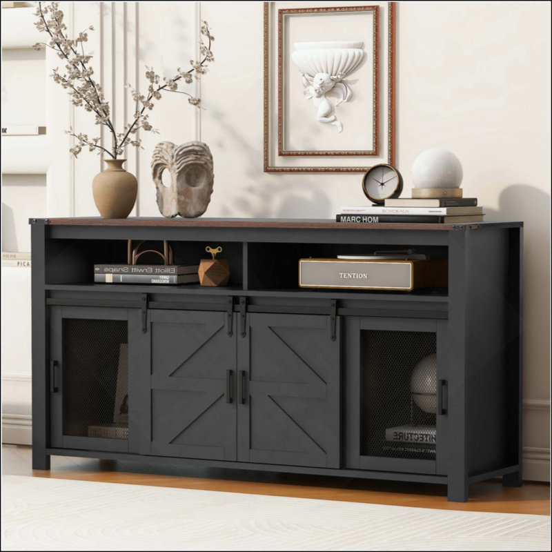 Sideboard With Sliding Barn Door And Mesh Panels,Farmhouse Buffet With Open Storage,Suitable For Living Room, Hallway, Balcony,Kitchen, Office