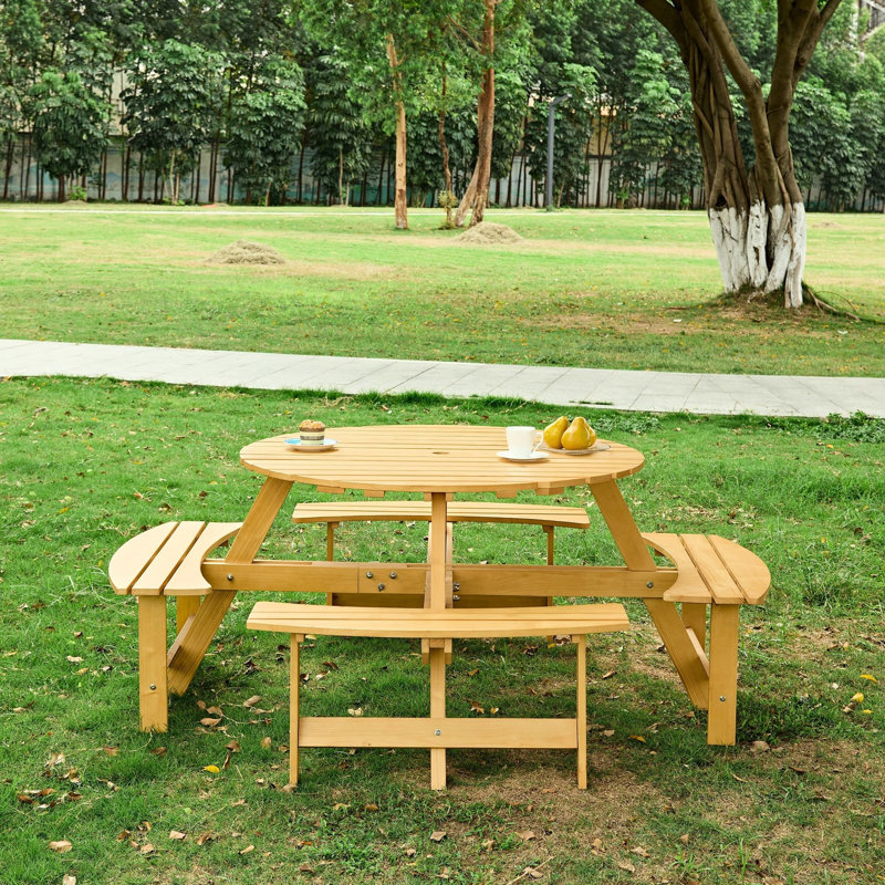 Table de pique-nique en bois naturel - 4 trous de parasol encastrés pour patio et cour arrière pour 8 personnes avec bancs. Trou, météo, pour le jardin