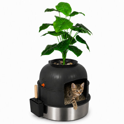 Hidden Stainless Steel Cat Litter Box with Faux Plant Decor for Small and Medium Cats, Black