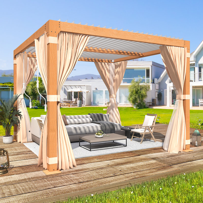 Aluminum Pergola, Wood Grain Aluminum Pergola with Adjustable Rainproof Louver, 9.6 ft. W x 9.6 ft. D