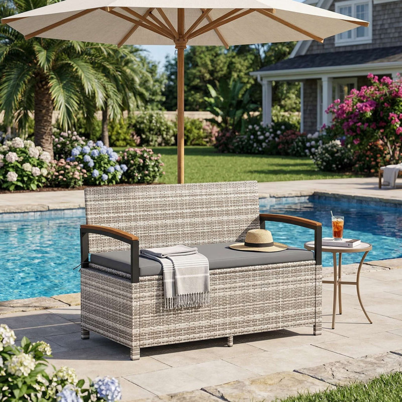 Banc de rangement extérieur imperméable toutes saisons, conception verrouillable et coussin de siège lavable épais et amovible, adapté pour la terrasse, le patio, la cour arrière