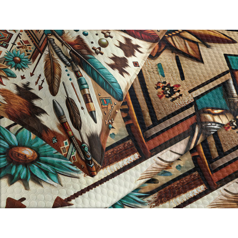 King Size Blue and Brown Aztec Inspired Bedspread Set