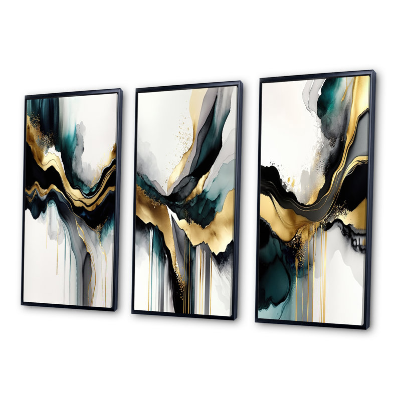 «Abstract Geode Marble White and Gold», 3 pièces sur toile, H 20 po x l 36 po, Noir