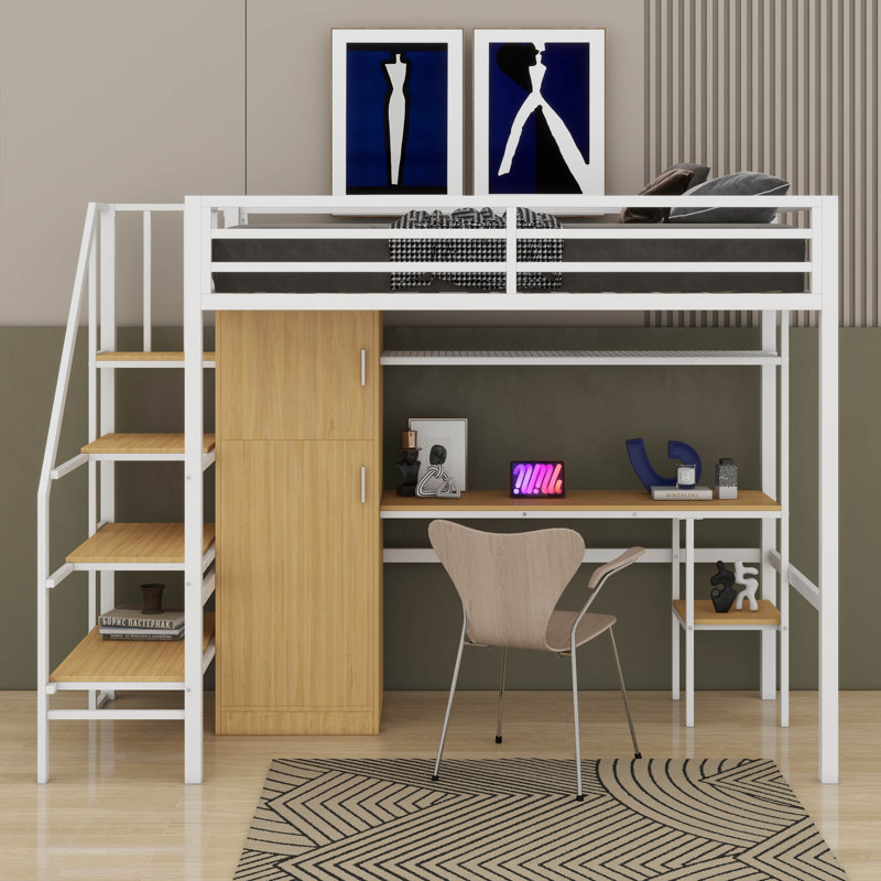 Lit mezzanine simple en métal avec bureau, tablette, armoire et escalier de rangement, Blanc