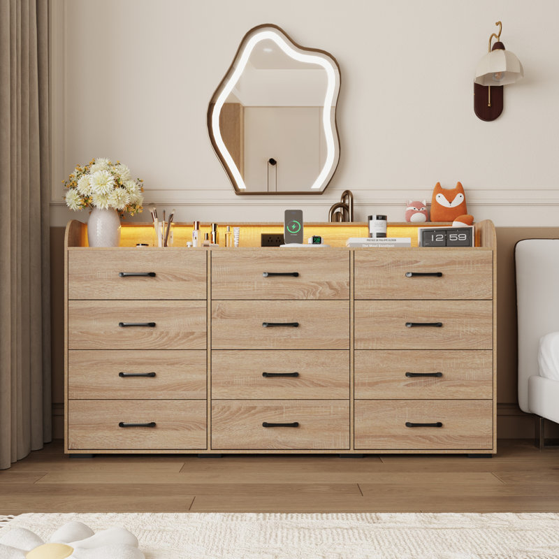 63" Wide Modern 12-Drawer Dresser With Led Light And Power Outlet, Large Storage Chest With Metal Handles For Bedroom Or Living Room