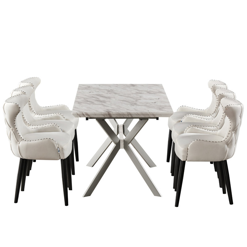 Ricky 6 Person Dining set - a Rectangular Wooden Dining Table with Metal Legs and a Set of 6 Quilted Velvet Dining Chairs for Dining Room - Modern Dining Table Set