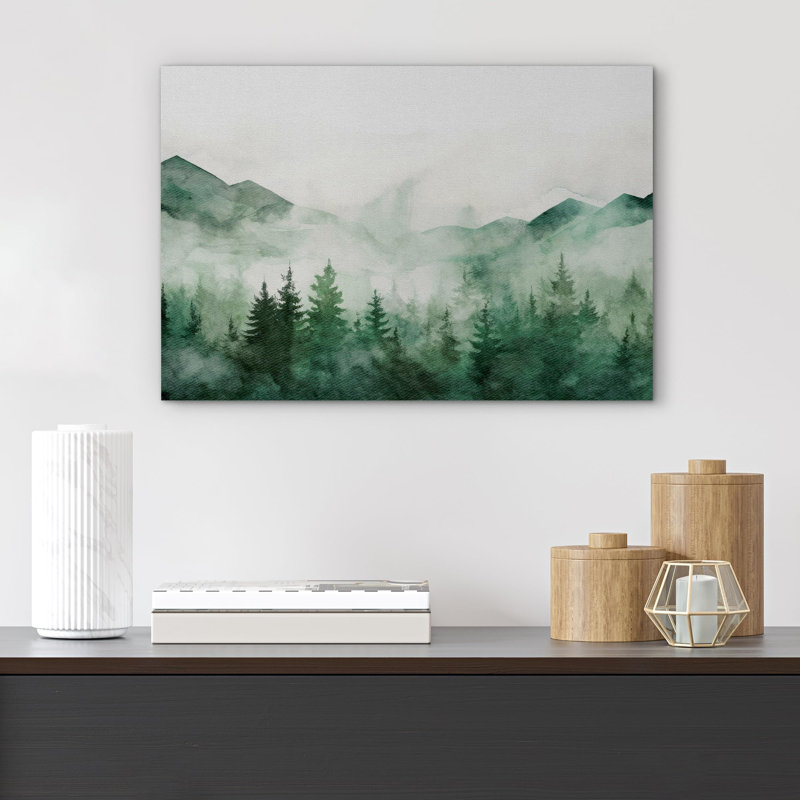Paysage de forêt boisée «Verdant Peaks Misty Mountains And Evergreen» sur, Toile tendue, H 16 po x l 24 po