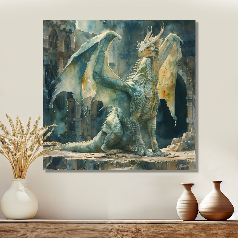 «Green Antique Ruins Dragon I - Dragons», art mural, Métal métal, H 16 po x l 16 po x P 1 po