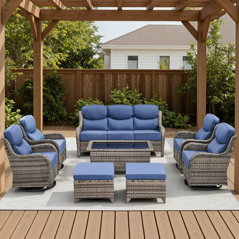 7-9 Person Outdoor Wicker Patio Conversation Set With Swivel Chairs And Coffee Table, Gray, Blue