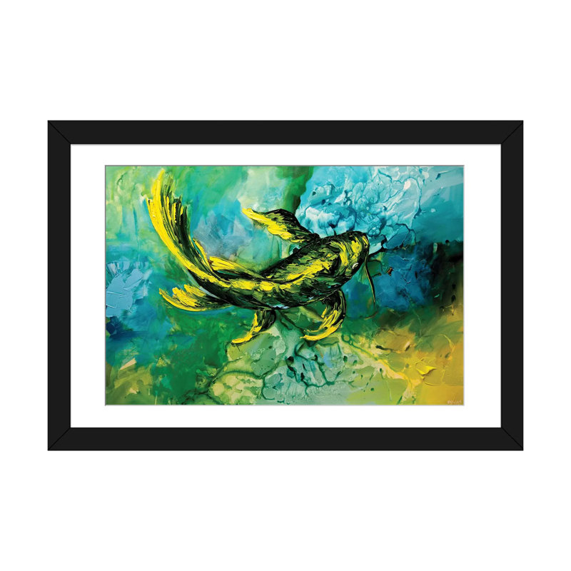 «Swiger Yellow Koi Fish», reproduction sur toile, H 24 po x l 32 po x P 1 po, Papier beaux-arts encadré noir, Blanc