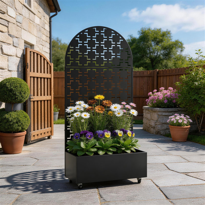 Boîte à fleurs en métal avec treillis et roues, H 70,8 po x l 35,5 po x P 15,7 po, Noir