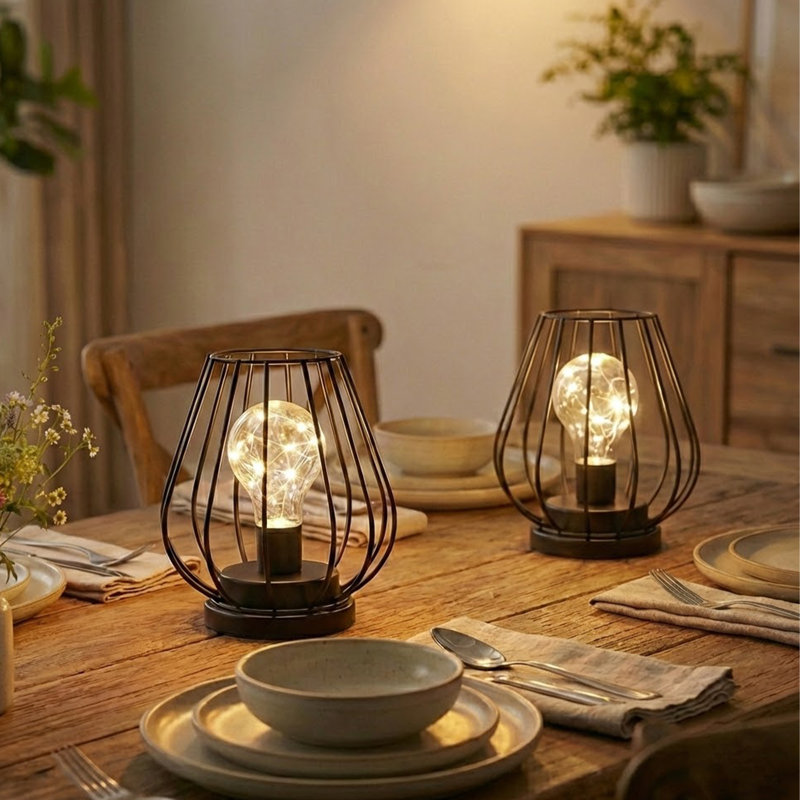 Metal Battery Operated Cage Lamp Set for Tabletop and Home Decor
