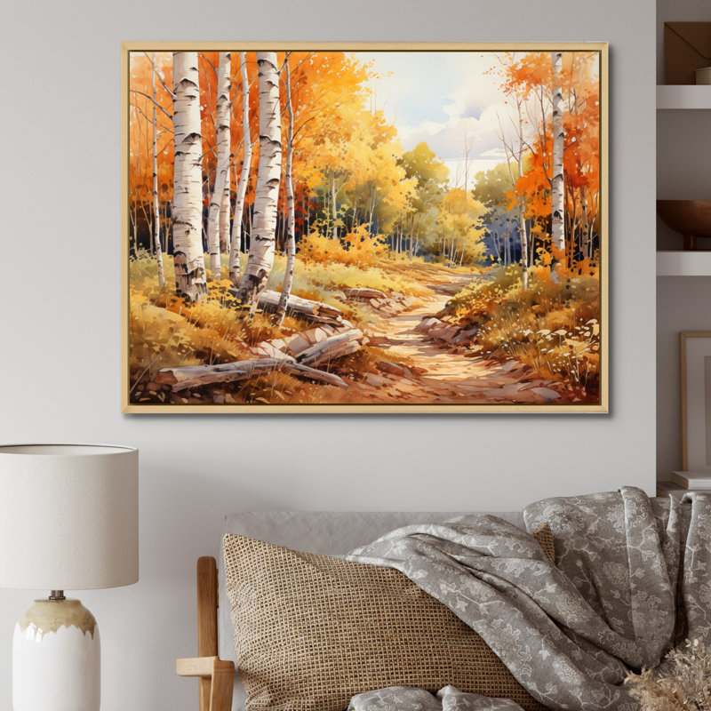 Birch Woods Gilded Pathway II - Imprimé, H 34 po x l 44 po x P 1,5 po, Cadre flottant brun
