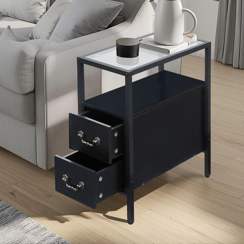 Black Narrow End Tables with Drawers and Open Shelf, Modern Industrial Nightstands with Storage for Bedroom, Sofa Side or Small Spaces