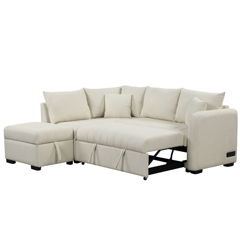 Canapé-lit modulaire en forme de L de 82,6 po avec ports USB, prises de courant et repose-pieds avec rangement, Beige