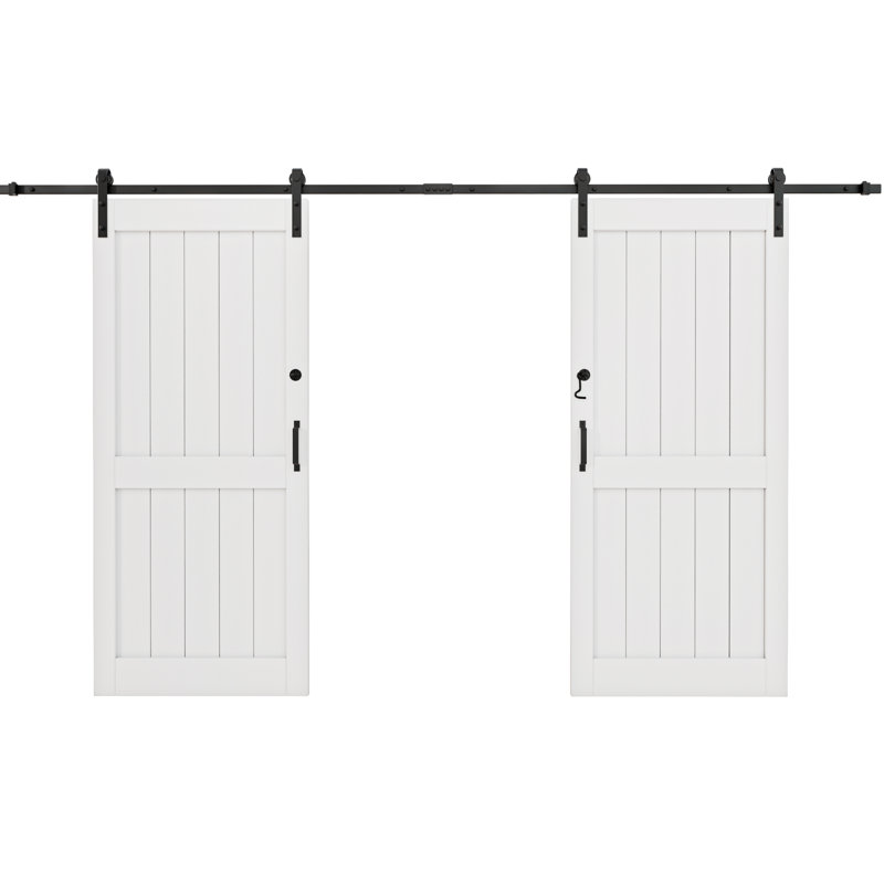 Double Sliding Primed Paneled Barn Door with  Installation Hardware Kit(Door Lock/Soft Close Included), 72" x 84"